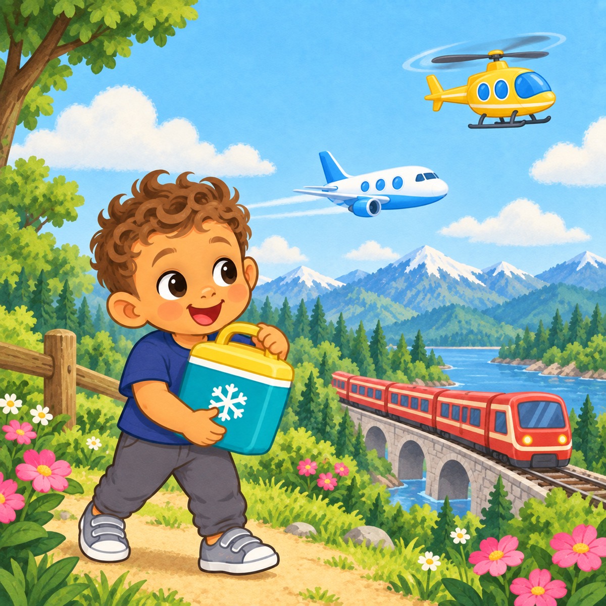 Milo’s illustrated adventure with a train, airplane, and helicopter